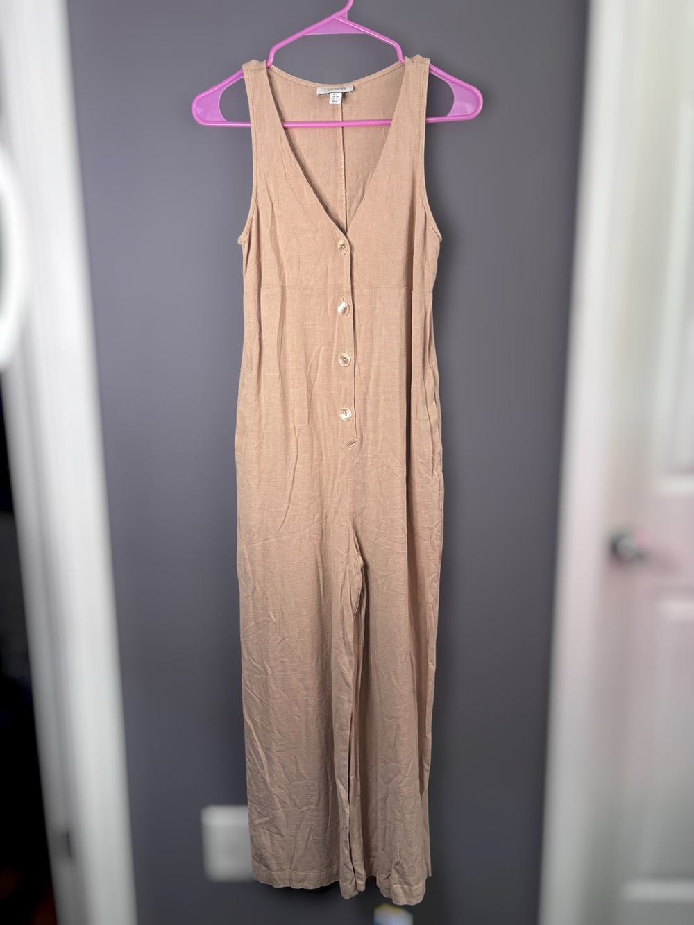 Topshop Beige Linen Blend V Neck Button Front Wide Leg Jumpsuit 2